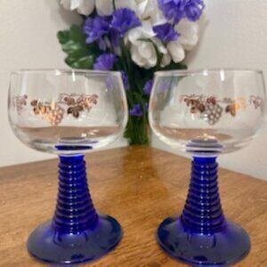 Vintage Cocktail Glasses Pair with Gold Grapevine Pattern and Cobalt Blue Beehiv
